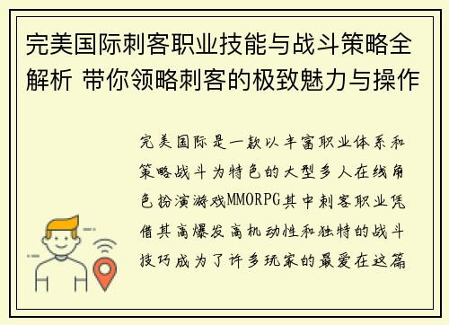 完美国际刺客职业技能与战斗策略全解析 带你领略刺客的极致魅力与操作技巧